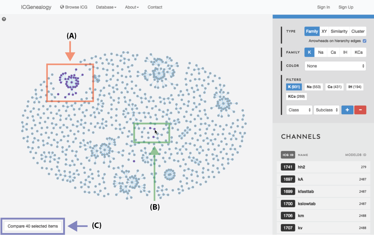 Figure 24: Compare models: shift+click allows the selection of individual models (A, B). C: button to compare currently selected models.