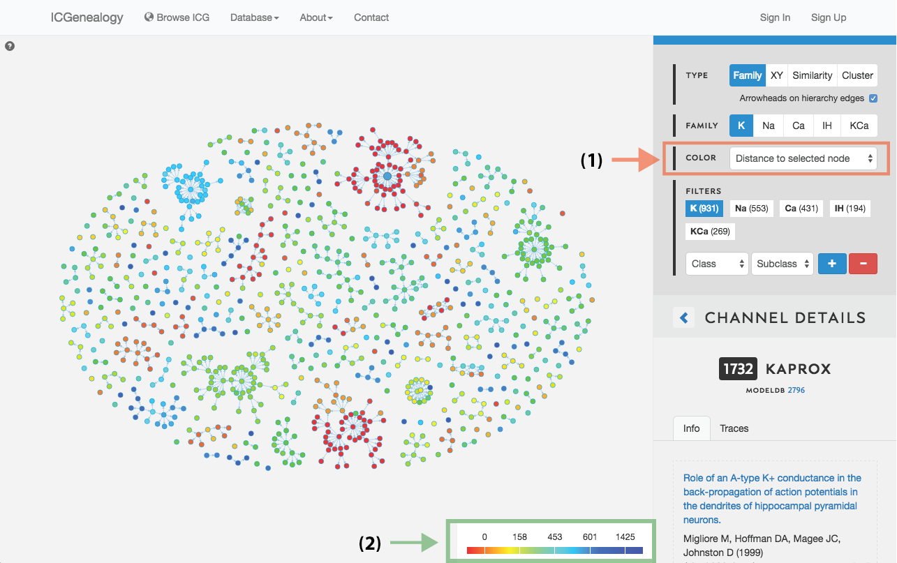 Figure 16: Color selection in hierarchy view: color nodes by a given metadata item as selected in (A). Legend appears in bottom right of visualization space (B). In this example, nodes are colored by distance to a selected model.