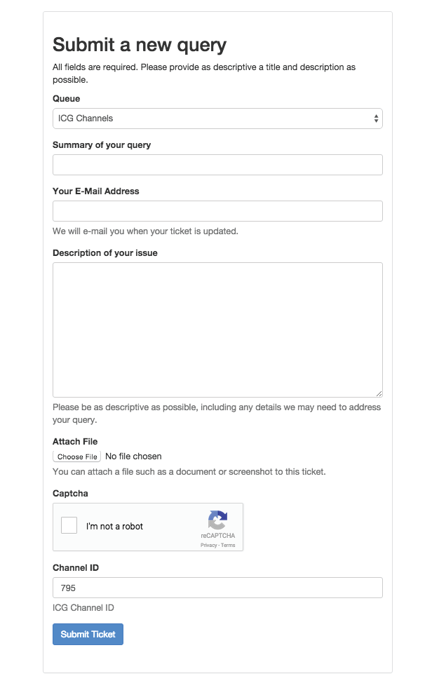 Figure 6: Submit a new query. This webpage comes up when the Submit a correction button is pressed. Queries contain a summary, corresponding email address, description of the issue and the option of attaching a file. If the issue concerns a particular channel model, this ID may be entered below. By clicking on the Submit a correction button at the bottom of Channel Details for a particular model, this model’s ID will be autofilled into the Channel ID field.